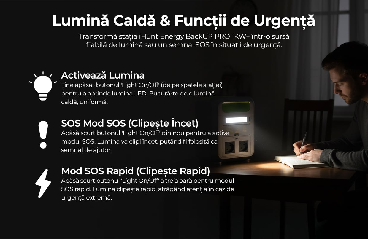 Reîncărcare Inteligentă și Autonomie Nelimitată Reîncarcă stația iHunt de la priză AC (input 1000W Max), de la priza mașinii sau prin panouri solare. Portul solar XT60 (MPPT) suportă până la 200W Max (11.5–50V), oferind reîncărcare rapidă și autonomie nelimitată cu panouri solare.