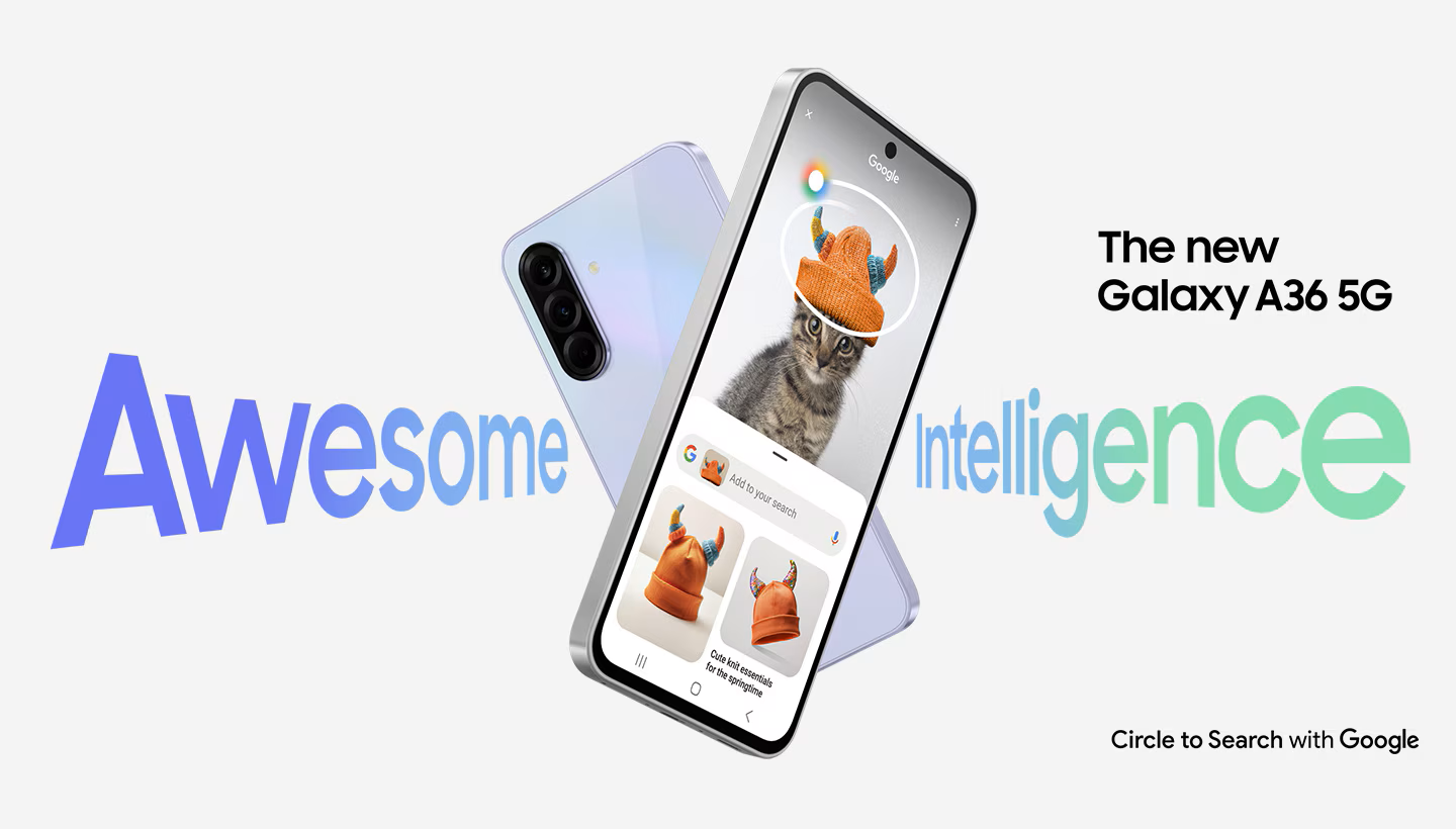 Two Galaxy A36 5G devices forming an X shape. The one in the back is in rear view. The one in the front has Circle to Search feature onscreen. Text Awesome Intelligence and The new Galaxy A36 5G can be seen. Text Circle to Search with Google is at the bottom right.